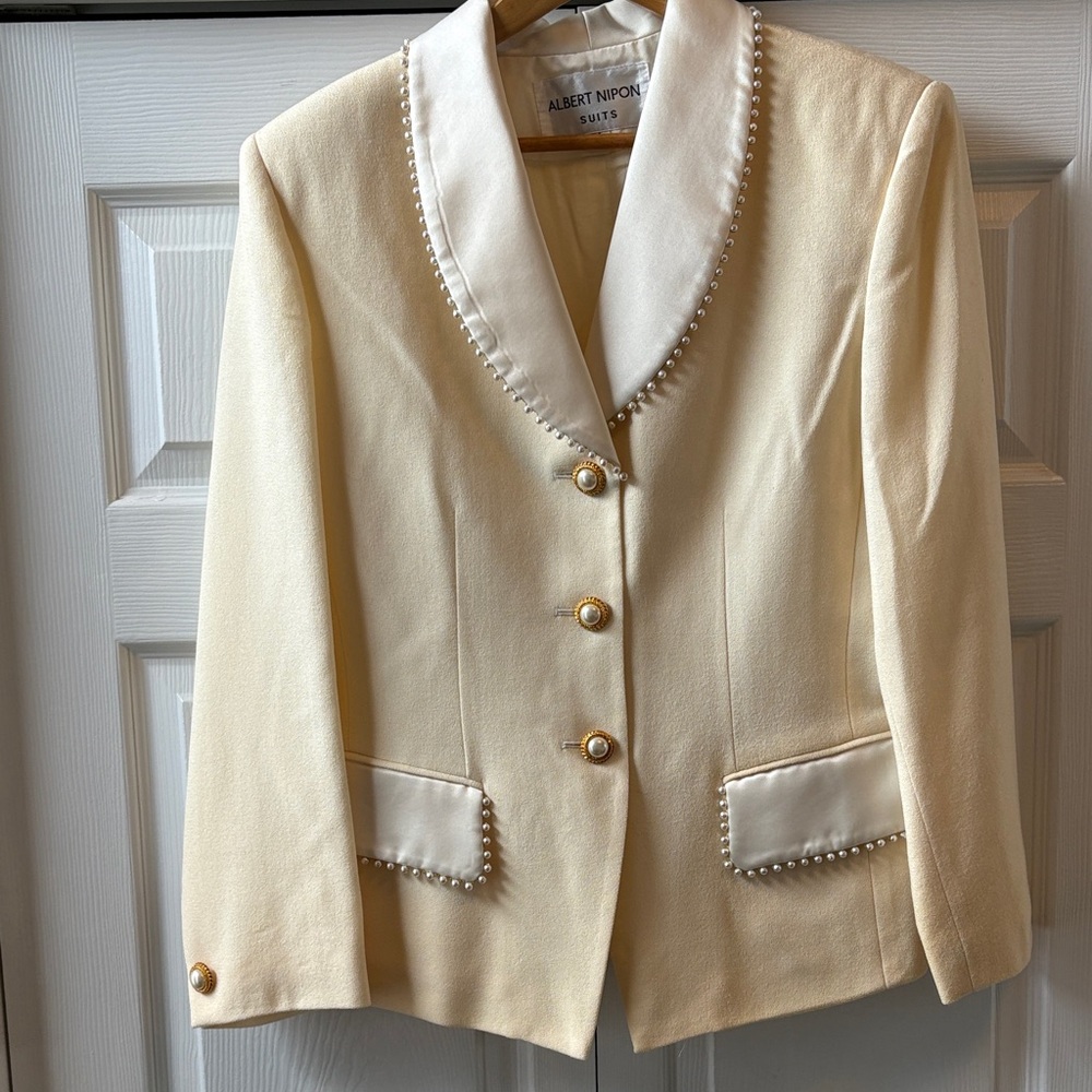 Albert Nipon Vintage 80’s Cream Wool Skirt Suit MOTB Satin& Pearl Trim EUC